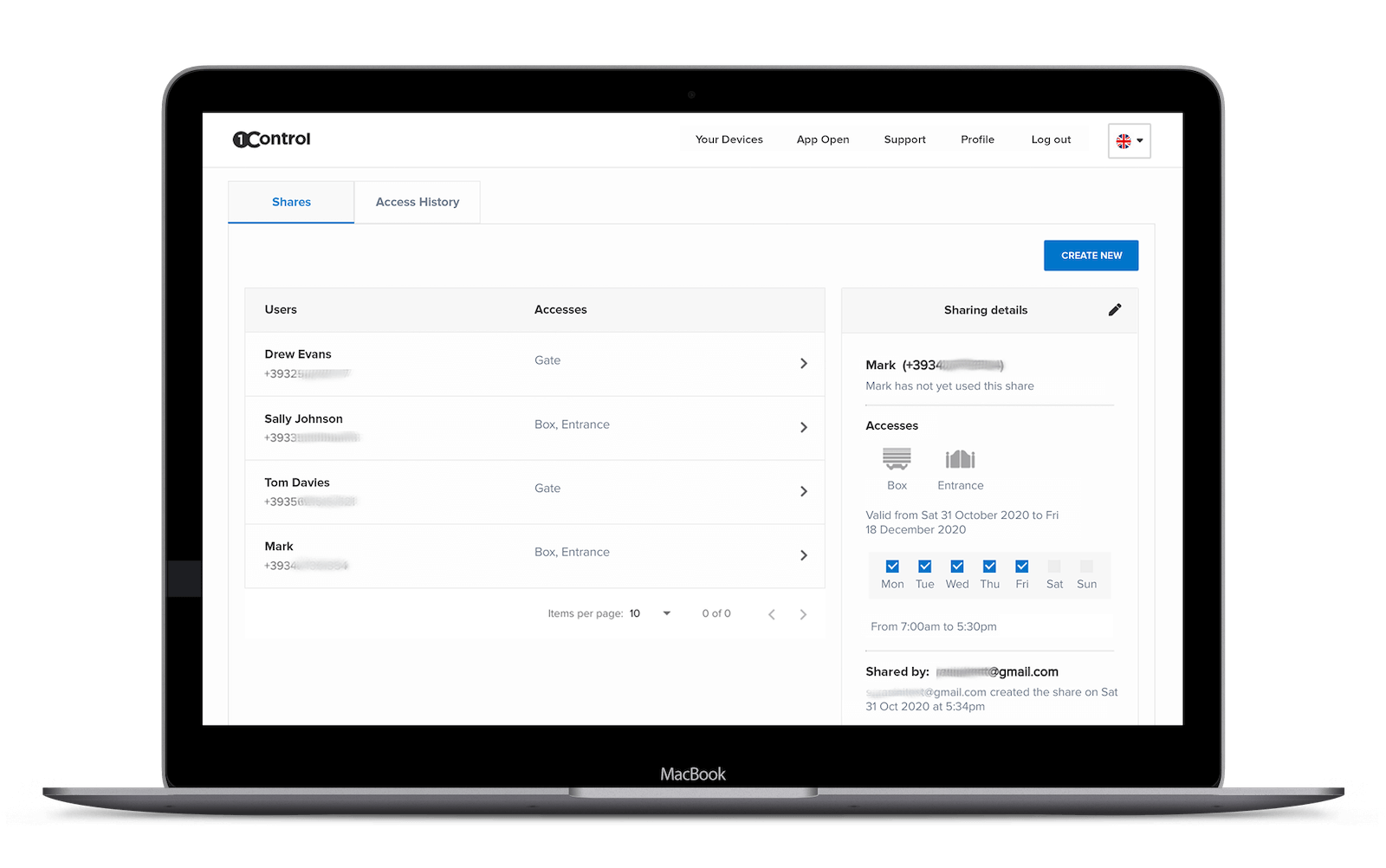 Access log of an unstaffed coworking space, viewed in the 1Control ACCESS web admin area
