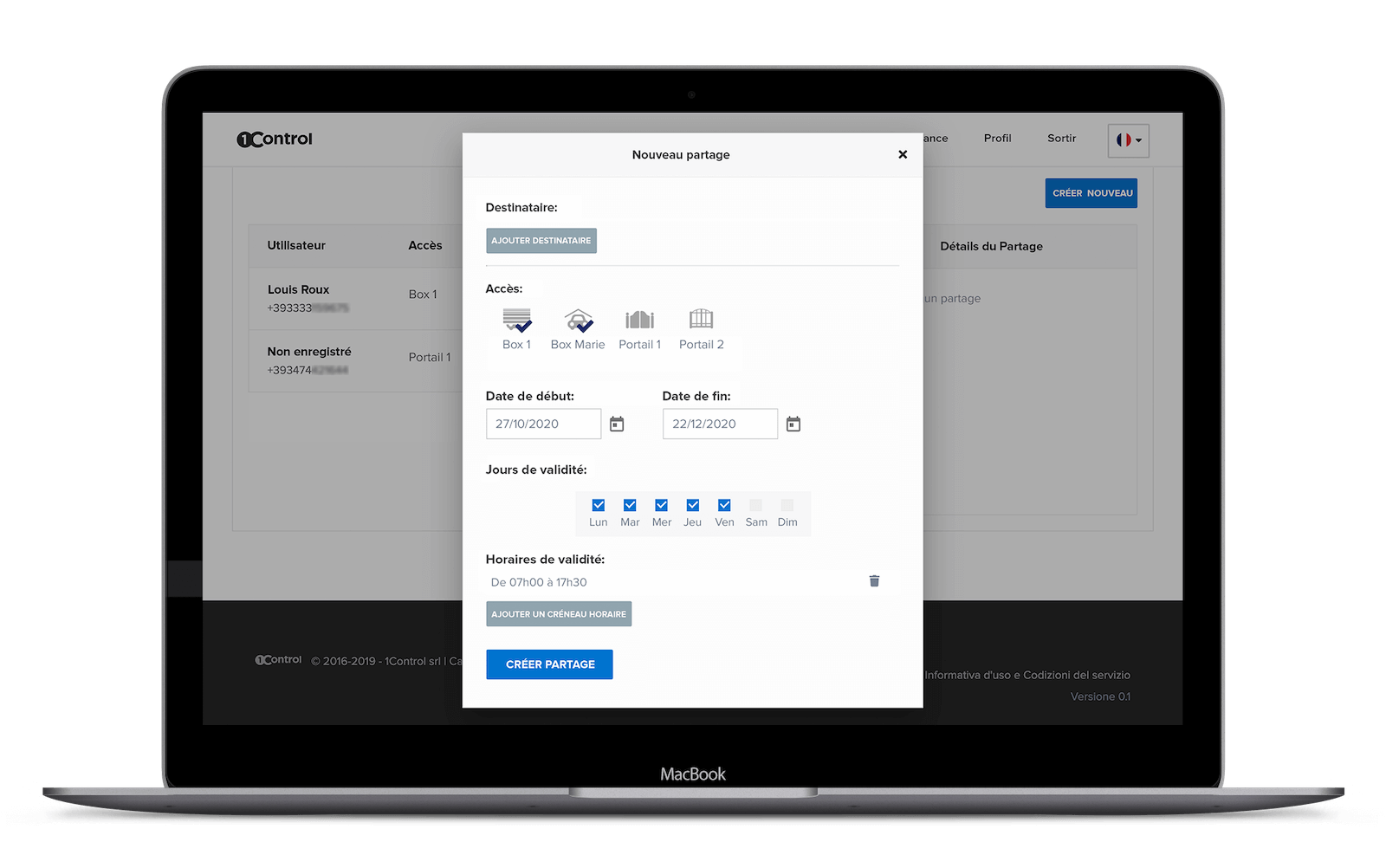 Gestion des utilisateurs temporaires et de l'historique des acc&egrave;s pour salles de cours et &eacute;v&eacute;nements depuis l'interface web 1Control