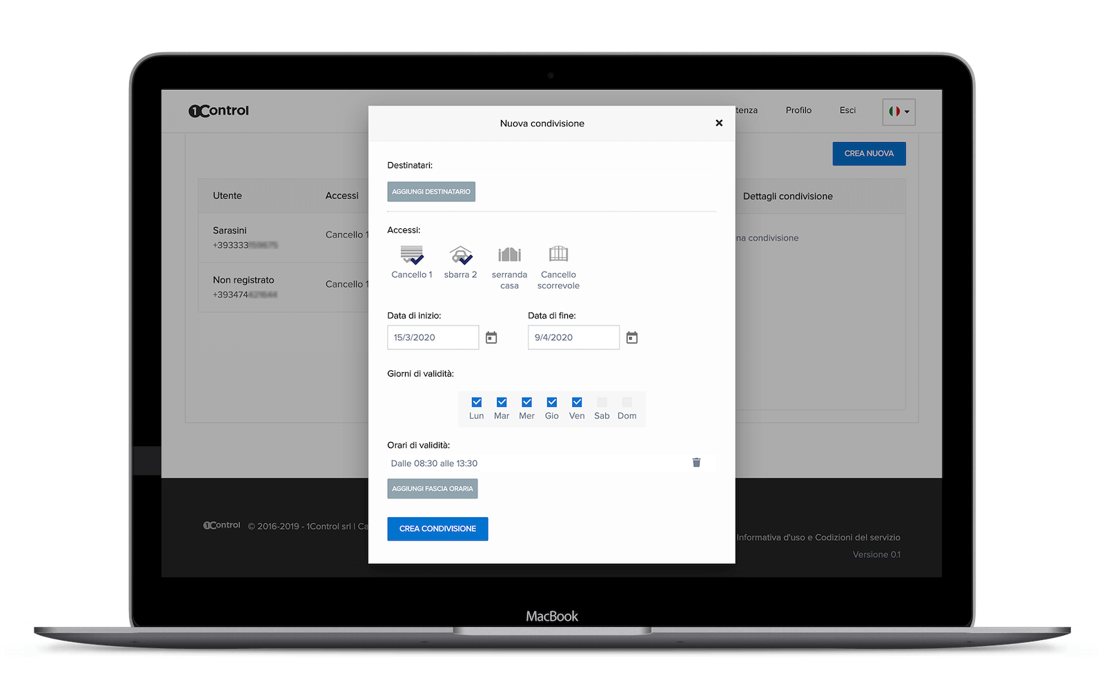 Gestione degli utenti temporanei e dello storico accessi per sale corsi ed eventi dall'area web 1Control