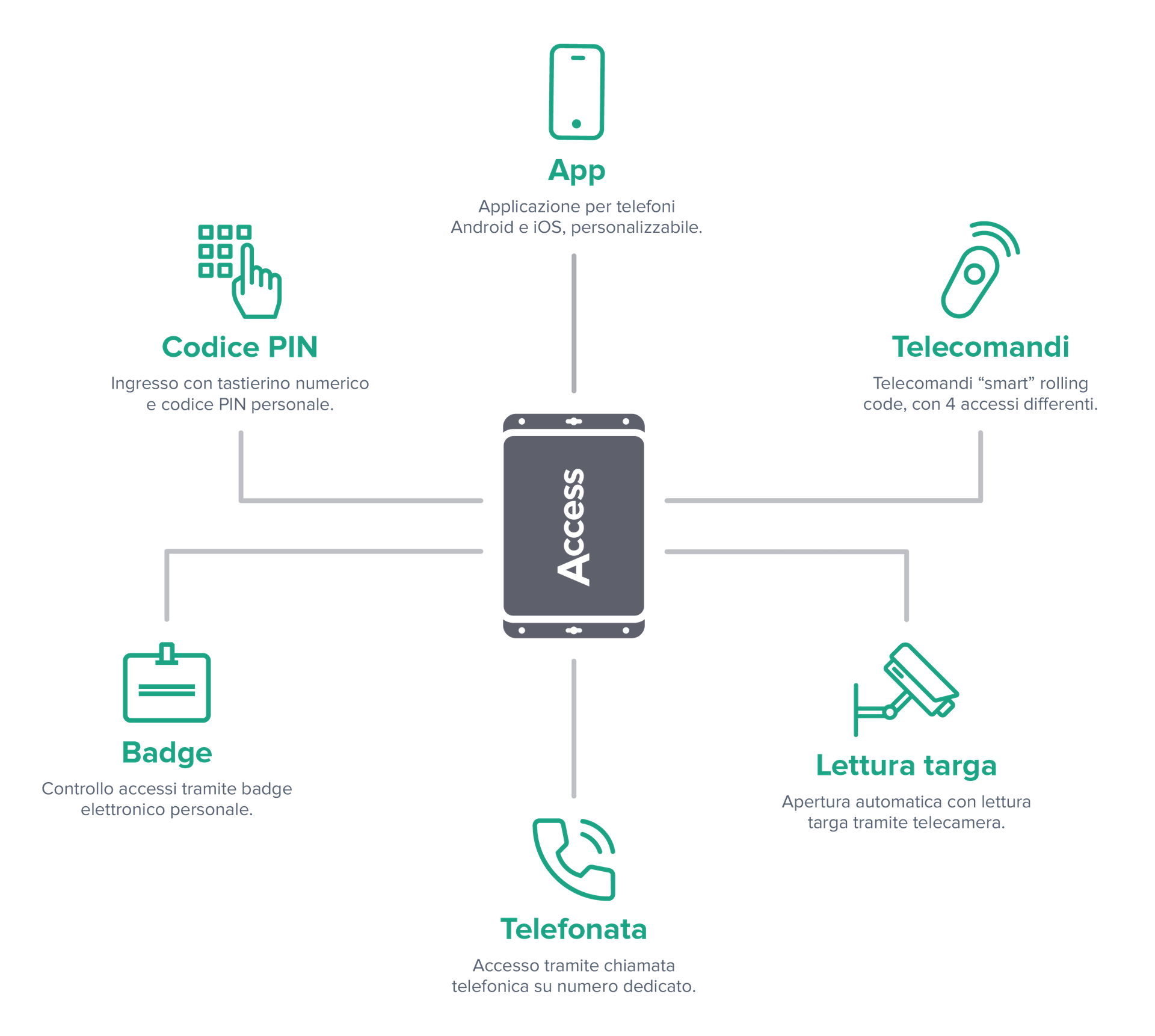 Schema dei metodi di accesso di 1Control ACCESS: app, Bluetooth, telecomandi, PIN, badge e lettura targa in un unico sistema