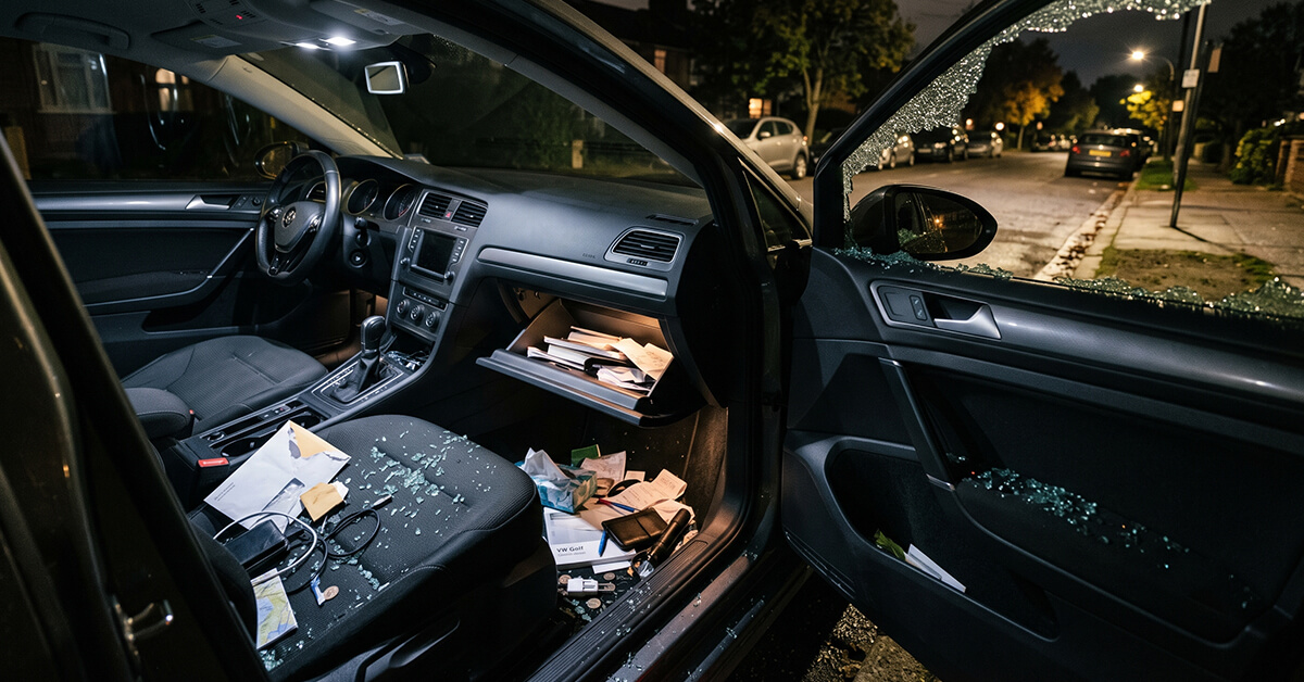 Aufgebrochenes Autofenster, die Garagentor-Fernbedienung fehlt im Handschuhfach