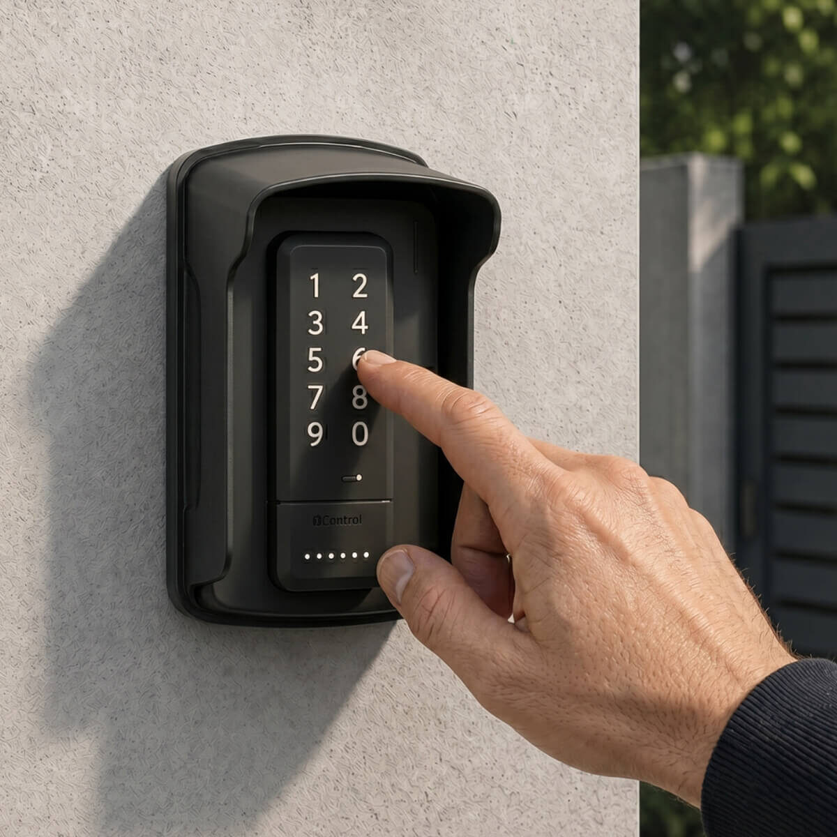 Kabellose Funk-Codetastatur 1Control PAD neben dem Hoftor montiert für die Öffnung per PIN-Code