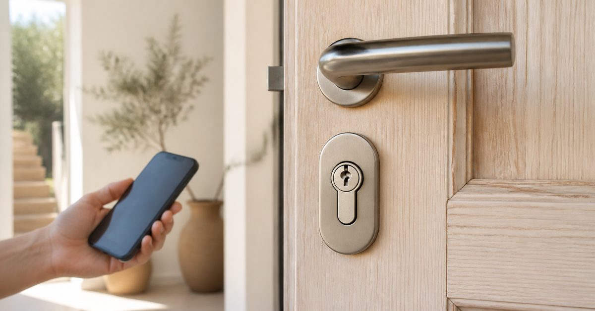 Front door with a euro cylinder in the foreground and a smartphone: mechanical protection and key control are the first defence against burglars