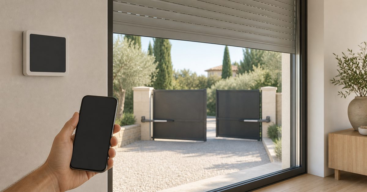 Smart blind switch and a smartphone, with an automatic gate in the background: blinds and outdoor entrances run on separate systems