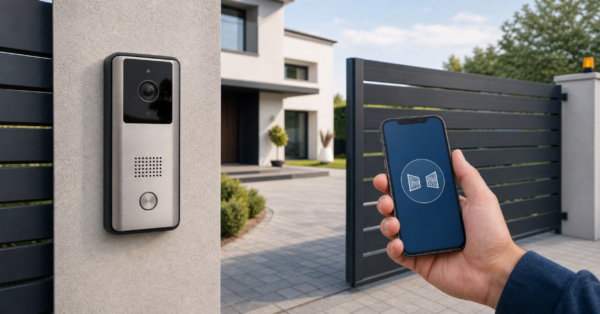 Video doorbell at a home entrance and a smartphone in front of an automatic gate: two separate solutions for seeing and opening