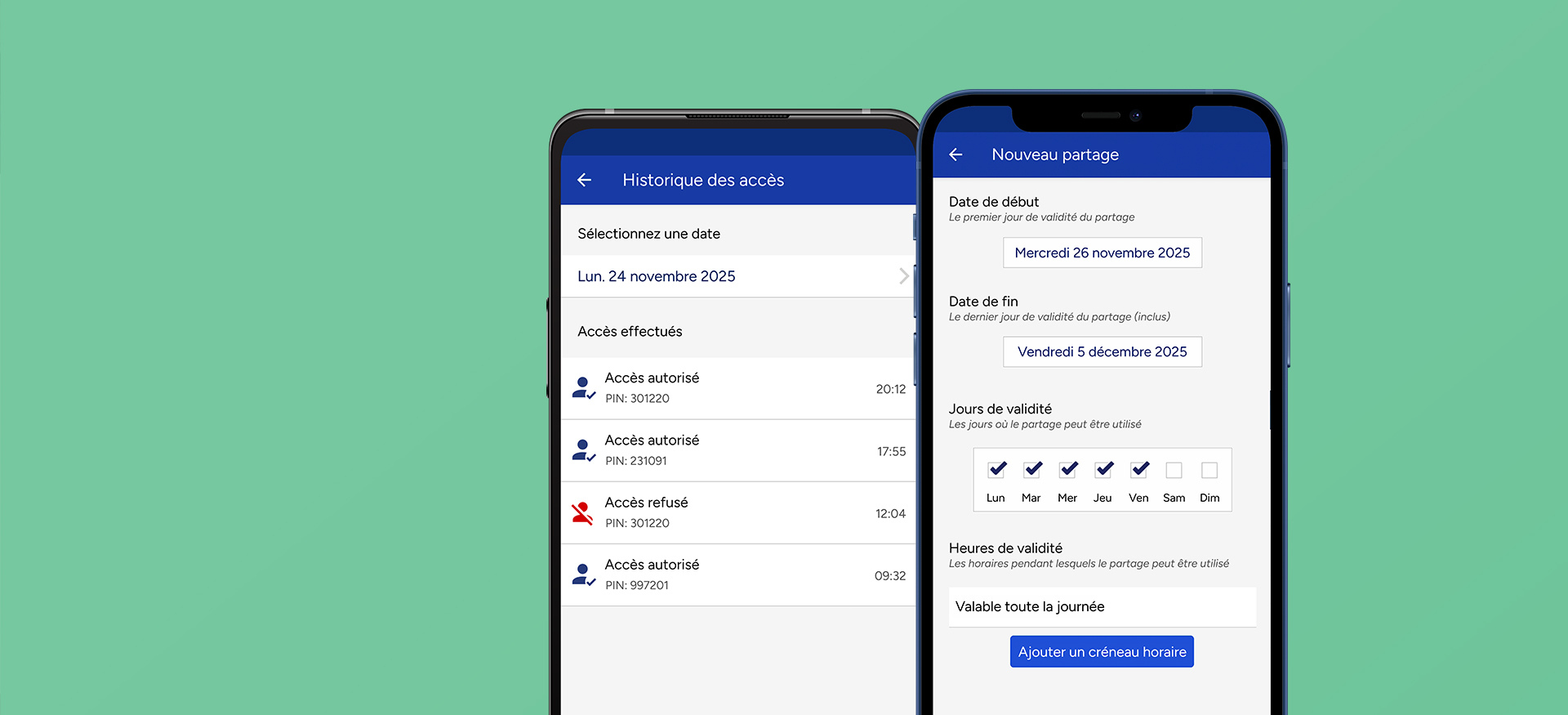 Application 1Control avec les codes PIN du clavier PAD, leurs règles temporelles et l'historique des accès